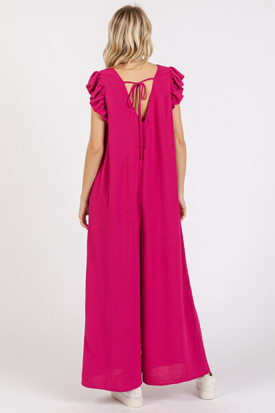 Mittoshop V-Neck Ruffled Cap Sleeve Wide Leg Jumpsuit