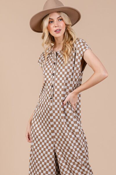 Ces Femme Checkered Half Button Cap Sleeve Jumpsuit