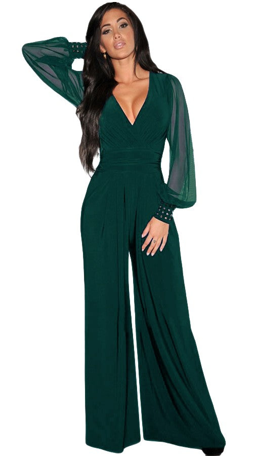 Elegant V-Neck Jumpsuit Georgina, Dark Green