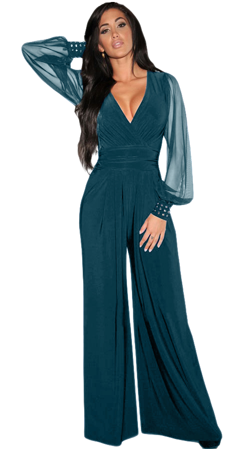 Elegant jumpsuit with "V" neckline Georgina, petrol