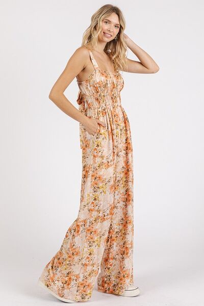 Mittoshop Flower Print Gathered Bust Sleeveless Jumpsuit