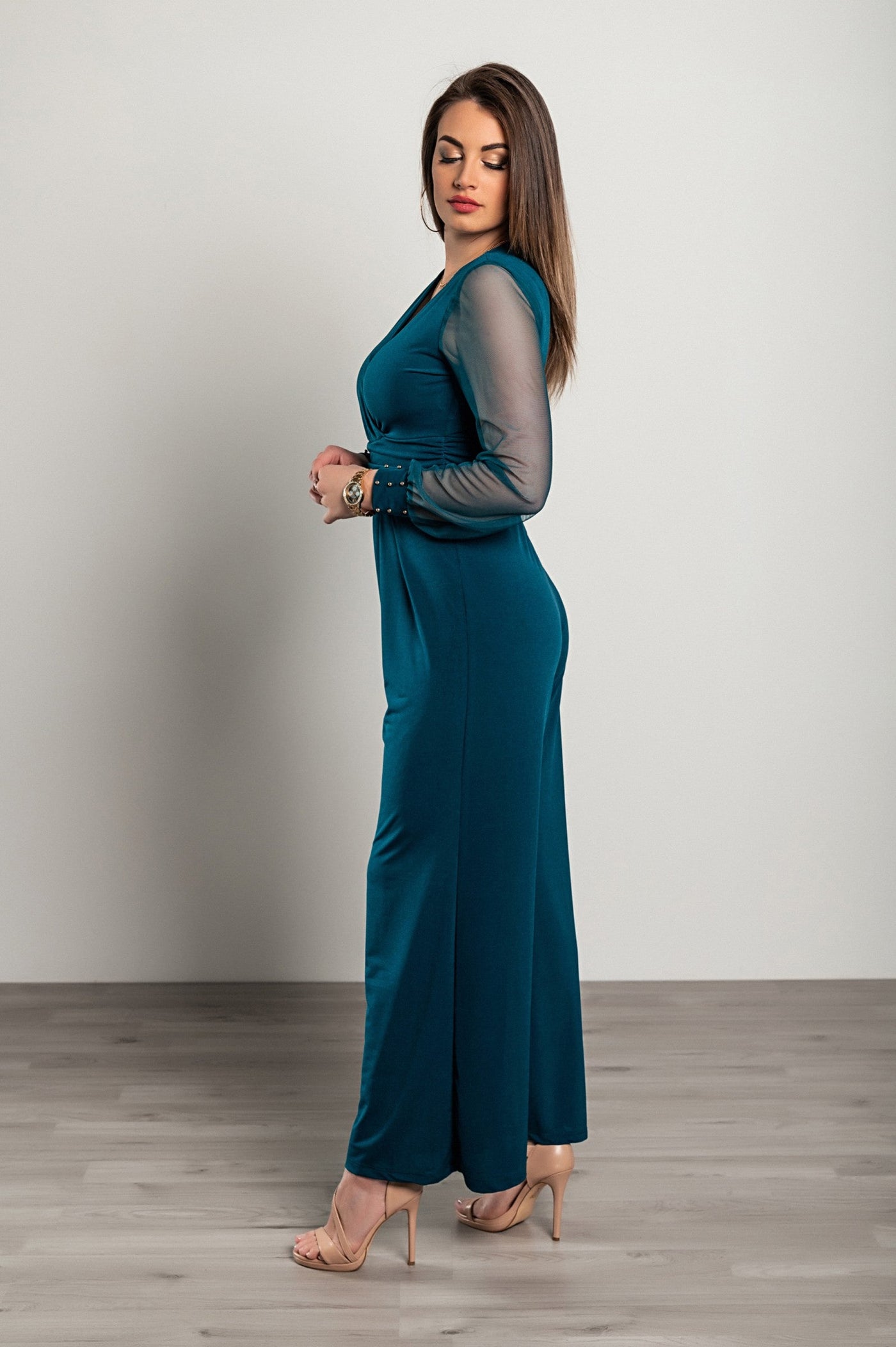 Elegant jumpsuit with "V" neckline Georgina, petrol