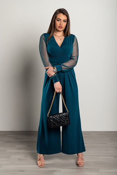 Elegant jumpsuit with "V" neckline Georgina, petrol