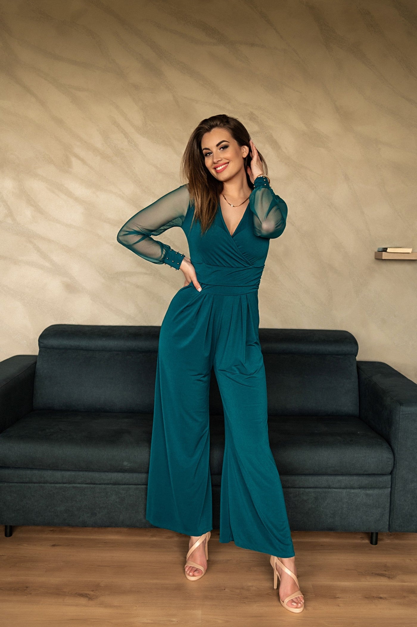 Elegant jumpsuit with "V" neckline Georgina, petrol