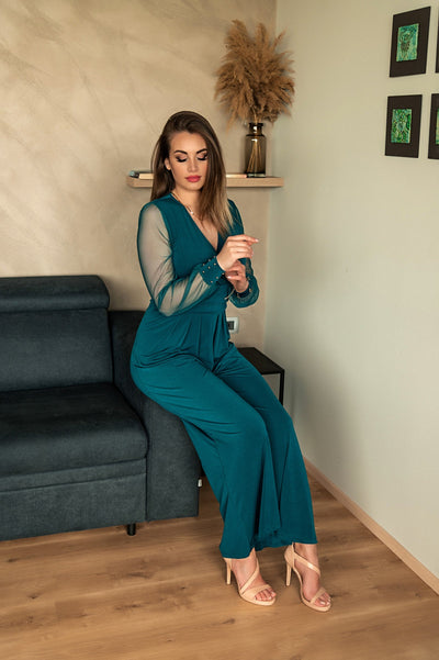 Elegant jumpsuit with "V" neckline Georgina, petrol