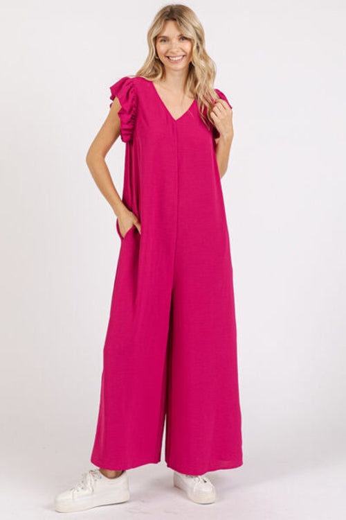 Mittoshop V-Neck Ruffled Cap Sleeve Wide Leg Jumpsuit