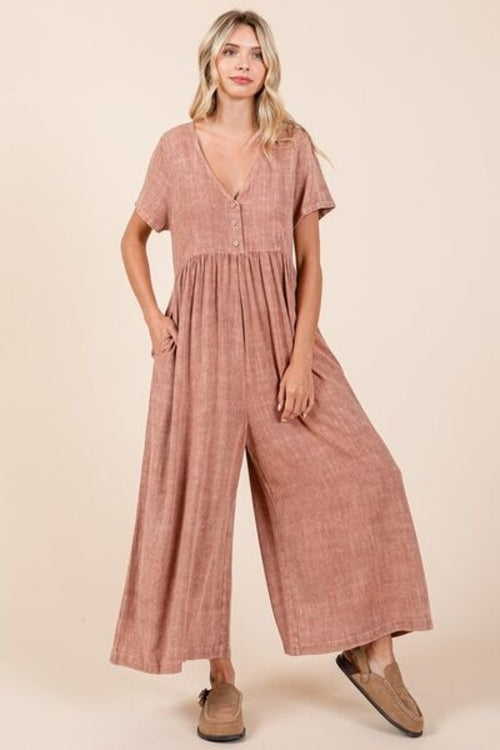 Mittoshop Mineral Wash Short Sleeve Flowy Wide Leg Jumpsuit