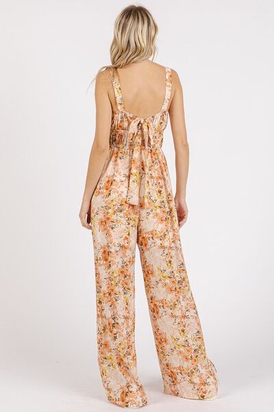 Mittoshop Flower Print Gathered Bust Sleeveless Jumpsuit