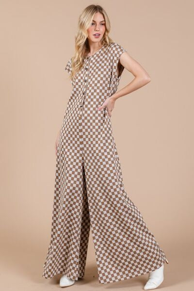 Ces Femme Checkered Half Button Cap Sleeve Jumpsuit