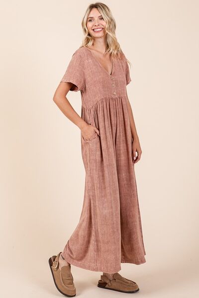 Mittoshop Mineral Wash Short Sleeve Flowy Wide Leg Jumpsuit