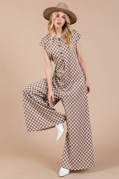 Ces Femme Checkered Half Button Cap Sleeve Jumpsuit