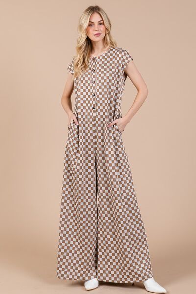 Ces Femme Checkered Half Button Cap Sleeve Jumpsuit