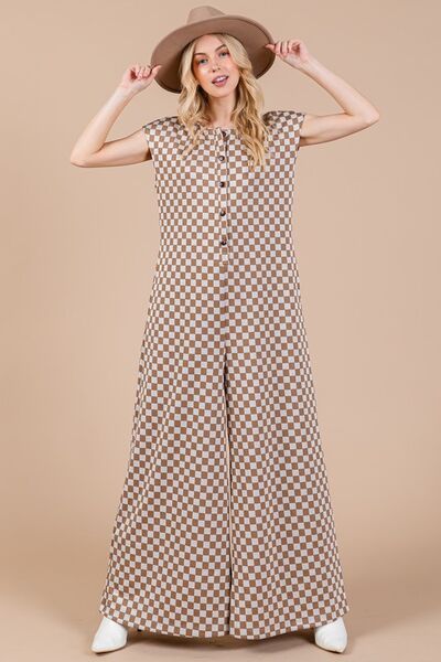 Ces Femme Checkered Half Button Cap Sleeve Jumpsuit