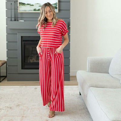 Stripe Jumpsuit Elastic Waist Back Keyhole