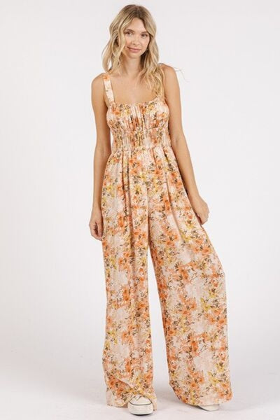 Mittoshop Flower Print Gathered Bust Sleeveless Jumpsuit