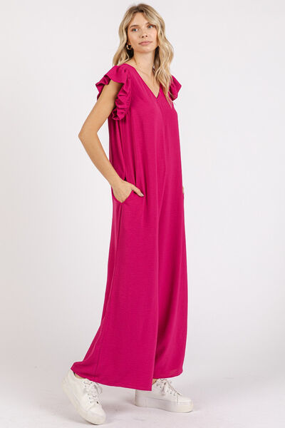 Mittoshop V-Neck Ruffled Cap Sleeve Wide Leg Jumpsuit