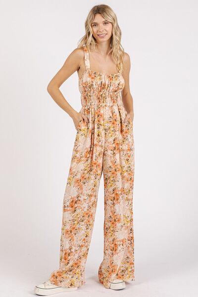 Mittoshop Flower Print Gathered Bust Sleeveless Jumpsuit